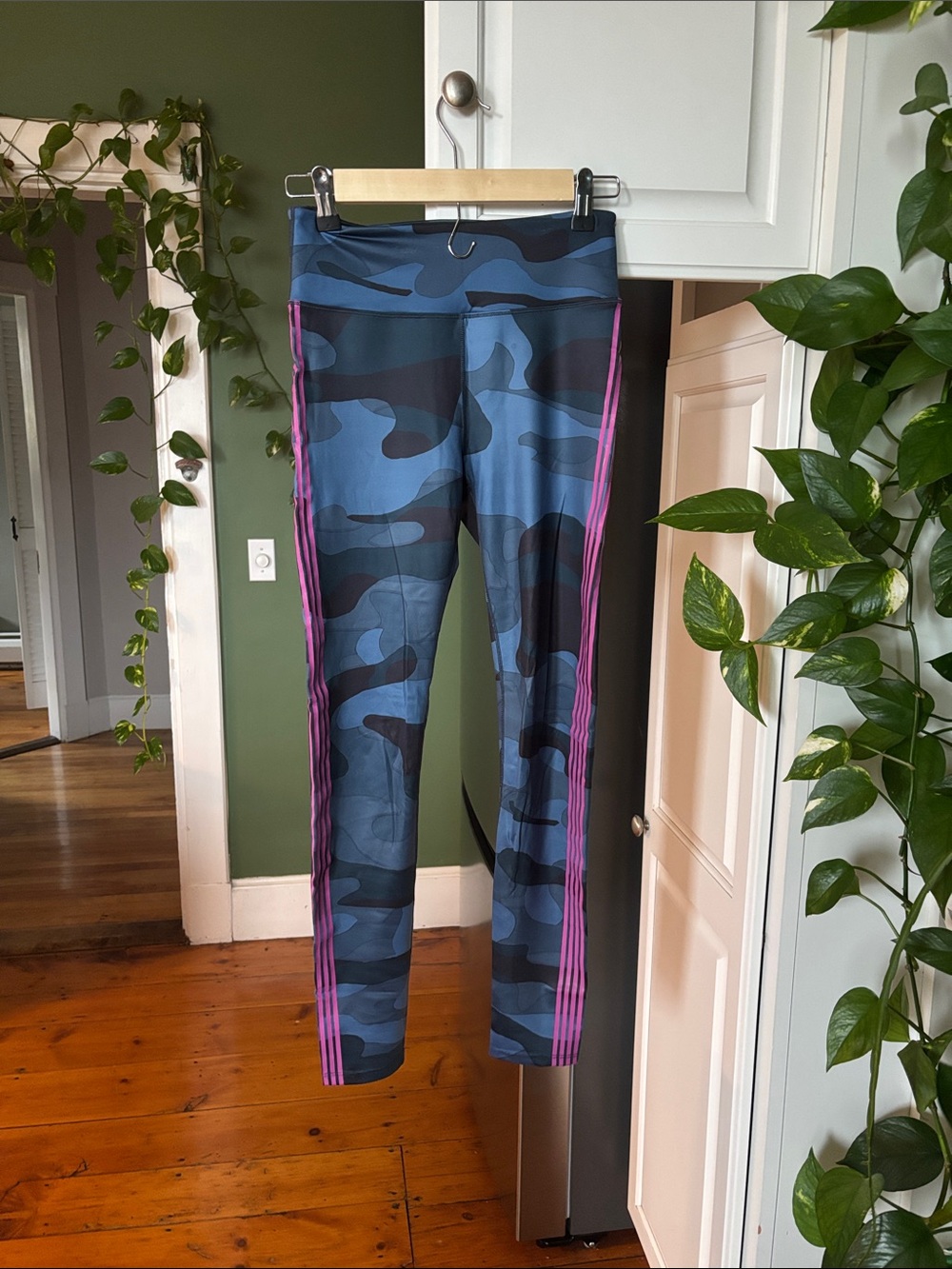 Blue Camo Leggings with Pink Side Stripes